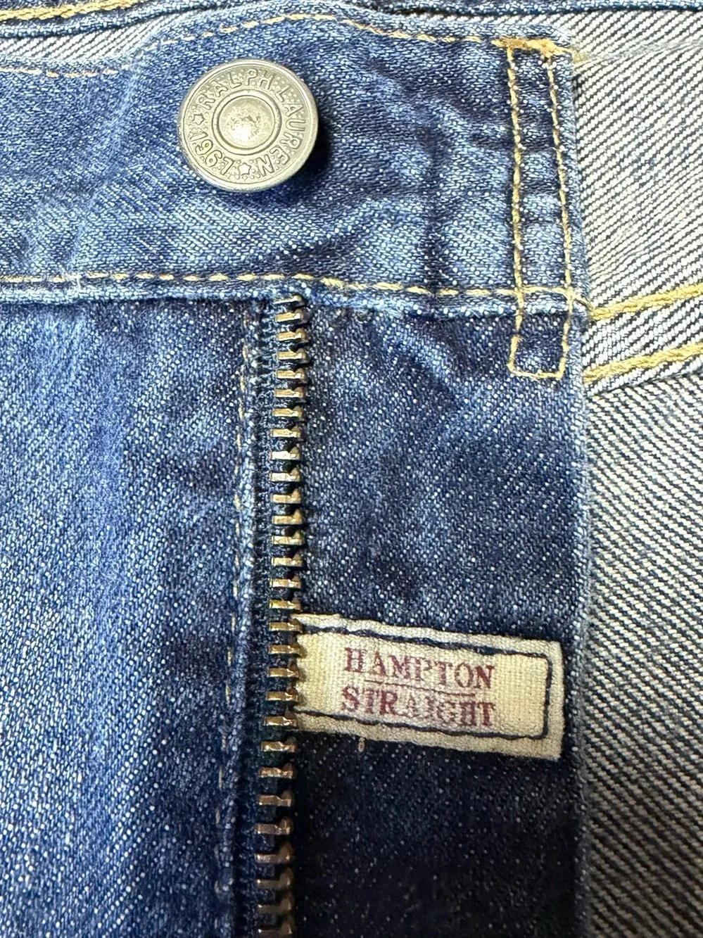 Polo Ralph Lauren Hampton Straight Jeans Men 38x30 Blue Denim Whiskered Distress